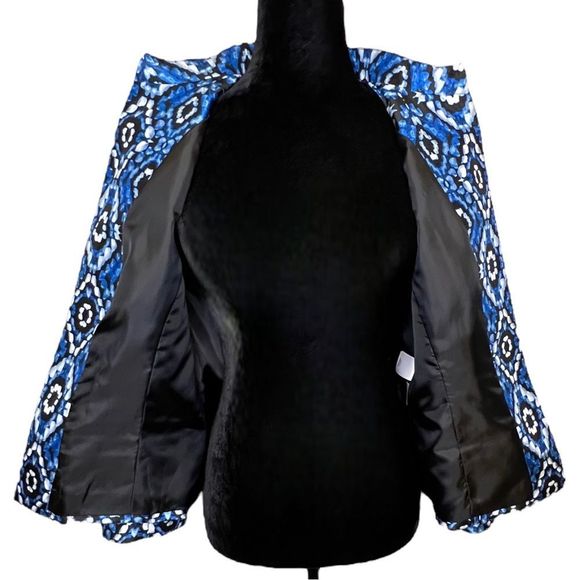 Kasper Cabana Blue Black & White Ikat Open Front Mandarin Collar Blazer Size 8 - Picture 4 of 10